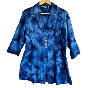 Soft Surroundings Womens Blazer Medium Blue Tie Dye Linen Collared Boho Coastal